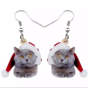 Gray Cat Christmas Earrings Santa Russian Blue
